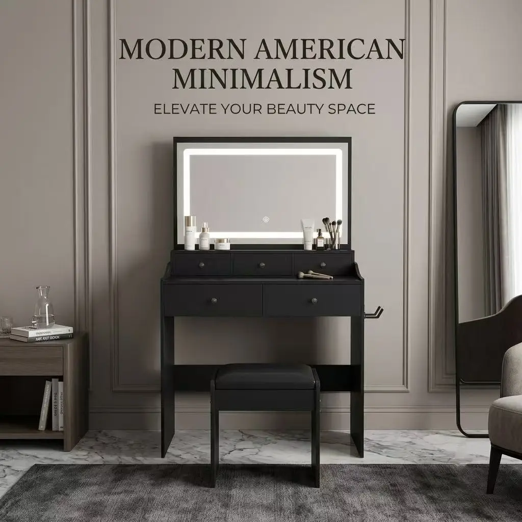 Large Rectangular MDF Wood Makeup Vanity Desk - Built-in Power Outlet, 5 Drawers, 3-Color (Warm/Natural/Cool) Adjustable LED Lights, Hair Dryer Holder, Requires Assembly, Bedroom Dresser Organization & Beauty Storage Solution