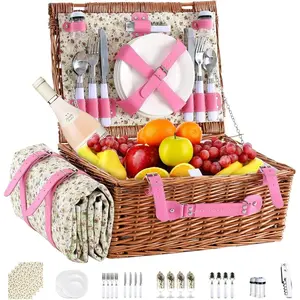 Picnic Basket for 4 Persons Willow Weaving Picnic Set with Cooler Insulation Bag and Waterproof Picnic mat Picnic Baskets for Camping,Wedding,Summer Beach, Outdoor,Birthday Gifts
