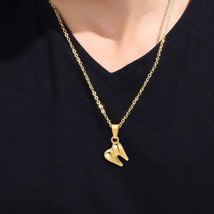 U7 Mini Cute Tooth Charm Pendant Necklace with Rolo Chain, Lead-Free Nickel-Free Stainless Steel Dentist Jewelry with Packaging