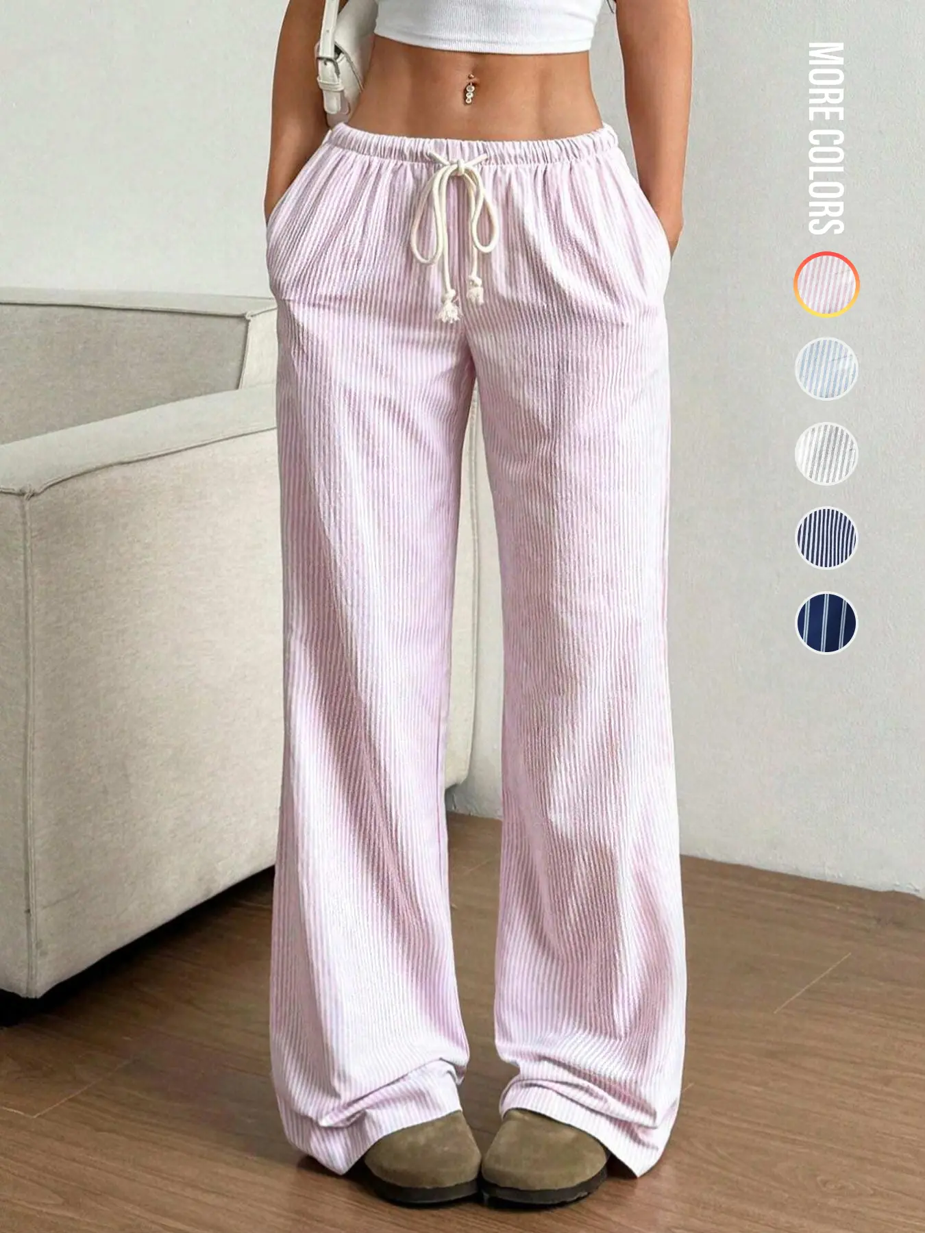 Women's Casual Striped Basic Low Waist Drawstring Straight Leg Pants, Loose Fit Summer Woven Fabric, Perfect for Home & Office Wear, Loungewear, Womenswear, Home Clothes Loungewear