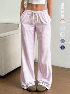Women's Casual Striped Basic Low Waist Drawstring Straight Leg Pants, Loose Fit Summer Woven Fabric, Perfect for Home & Office Wear, Loungewear, Womenswear