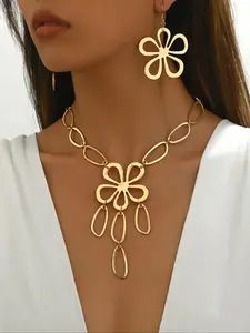 Women's Boho Style Hollow Out Flower Design Pendant Necklace & Dangle Earrings, Fashion Jewelry for Party, Daily Clothing Decor, Trendy Exquisite Jewelry for Gift, Elegant Jewelry Set, Matching Jewelry Set, Fashionable Jewelry Set