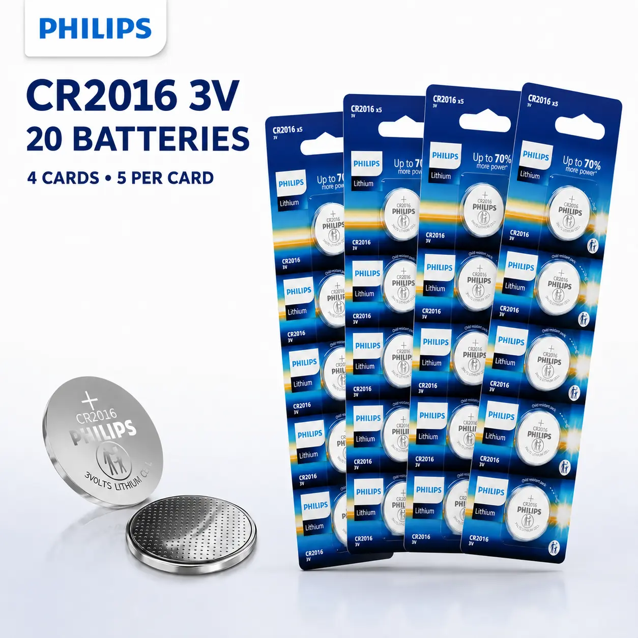 PHILIPS 3V Lithium CR2016 Coin Cell Batteries 5/20 Count - Long-Lasting Power with 10 Year Storage, Leak-Proof & Child-Safe Packaging for Car Key Fobs, Smart Locks and Household Electronics