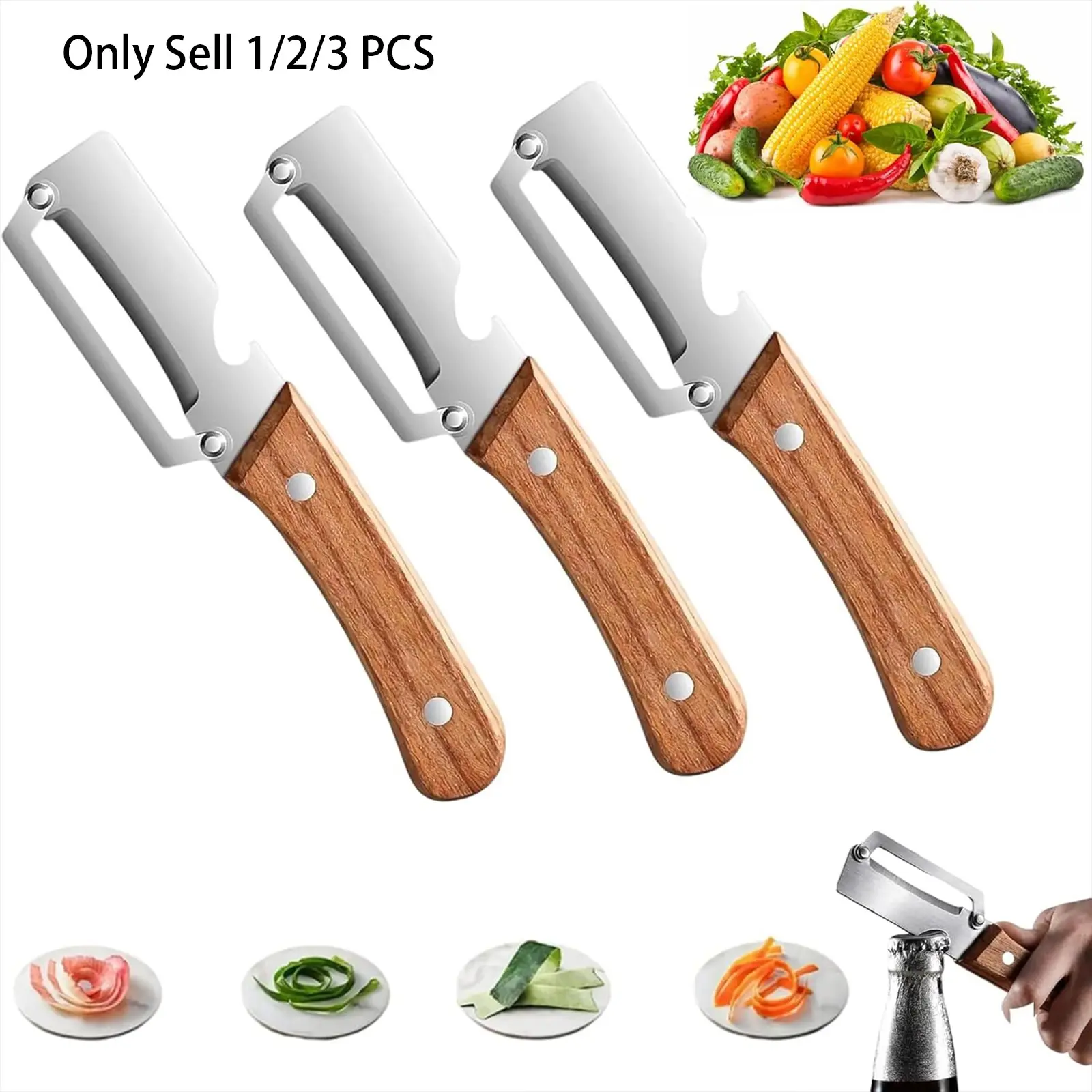 2/3PCS Premium Kitchen Vegetable & Fruit Peeler, Veggie Peeler – Kitchen Peeling Utensils, Wooden Handle, Stainless Steel Blade, Built - in Bottle Opener, Ideal for Apples, Potatoes, Pumpkins, Papayas & Zucchinis, Vegetable Peelers For Kitchen