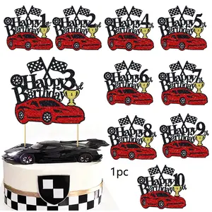 1pcs Racing Car Bamboo Cake Topper Happy 1/2/3/4/5/6/7/8/9/10th Birthday Cake Topper for Racing Car Checkered Flag Themed Happy Birthday Party Supplies