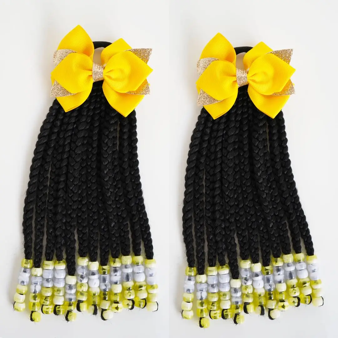 braid hair extension Ponytail Extensions with Beads and Bows Box Braids for Girls-Yellow Synthetic clip Beaded hair extensions
