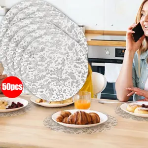 50pcs Disposable Silver Placemats Set Metallic 13 Inch Round Foil Mesh Pressed Table Doilies, Ultra-Thin Disposable Placement Mats for Home Decoration Dining Table Wedding Birthday Party