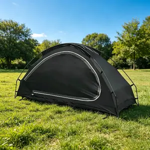 Lightweight single person hiking tent with breathable mesh structure, waterproof and wear-resistant bottom fabric, matched with outer tent for rain and moisture resistance, suitable for outdoor hiking, fishing, music festival, camping scene, black