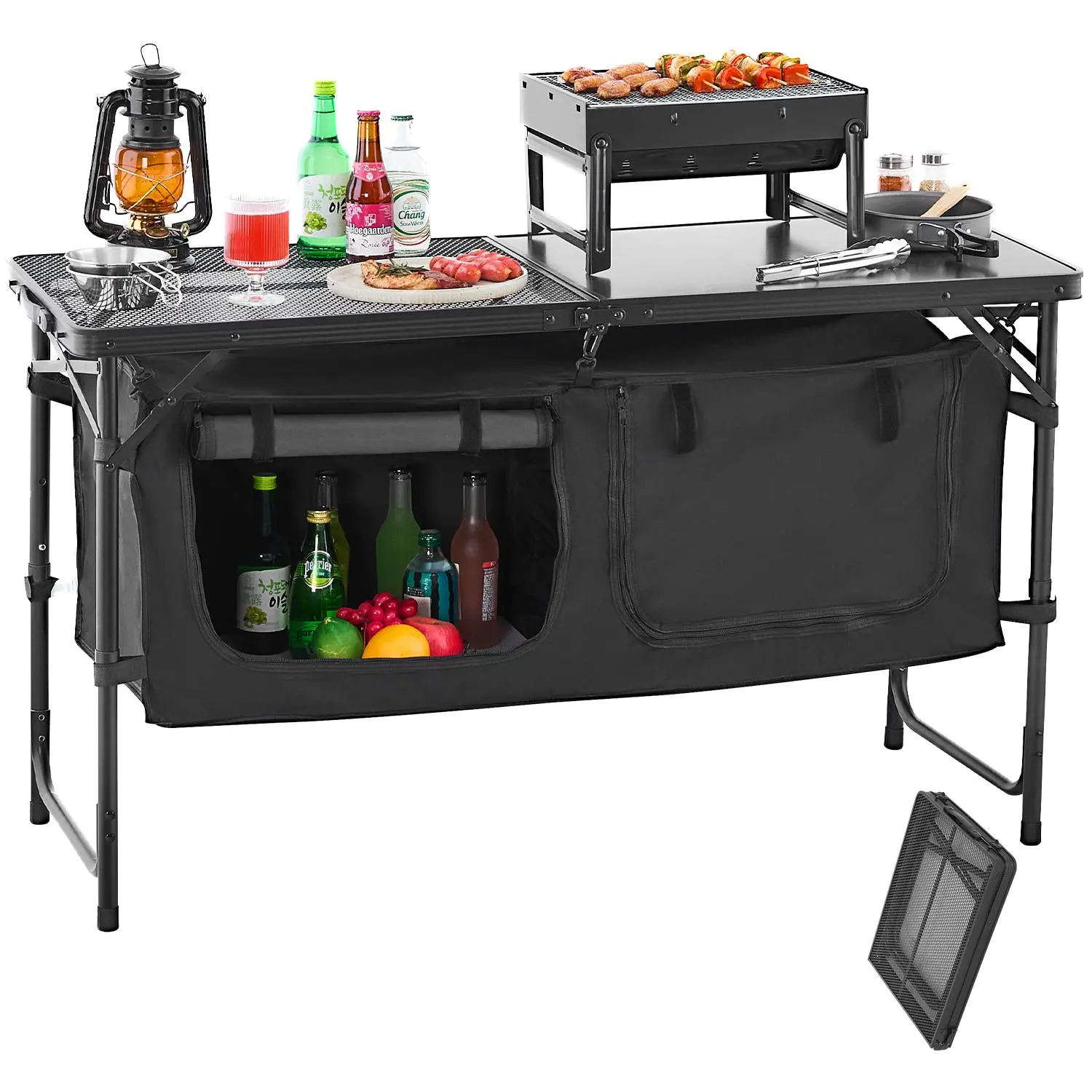 【SummerFinds】VEVOR Camping Kitchen Table,  Folding Outdoor Cooking Table, 3 Adjustable Heights, Aluminum Lightweight Portable Cook Station with Storage Organizer, Carry Handle, for BBQ Party Picnic RV Travel, Black