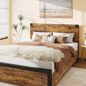 Bed Frame with Storage, 4 Drawers and Heavy Duty Strong Metal Support Bed Frame with Wooden Headboard, Noise Free No Box Spring Needed, Easy Assembly, Vintage