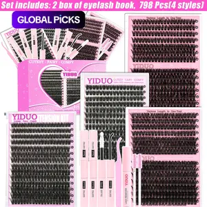4-Style Lash Clusters Kit, 798pcs/set 10 to 18 mm D-Curl Volume Lashes Eyelash Extensions 60D/80D/100D/150D with Lash Bond and Seal, Remover, Tweezers and Brushes for Easy DIY at Home
