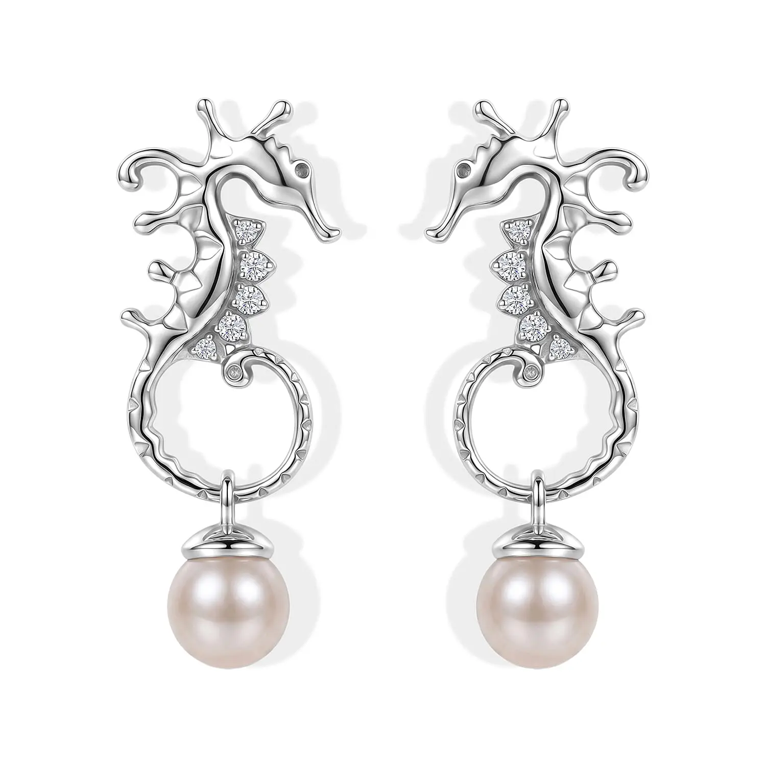 GP Trionfo Collection Artisan Crafted Freshwater Pearl, White Zircon Earrings in Sterling Silver 0.15 ctw