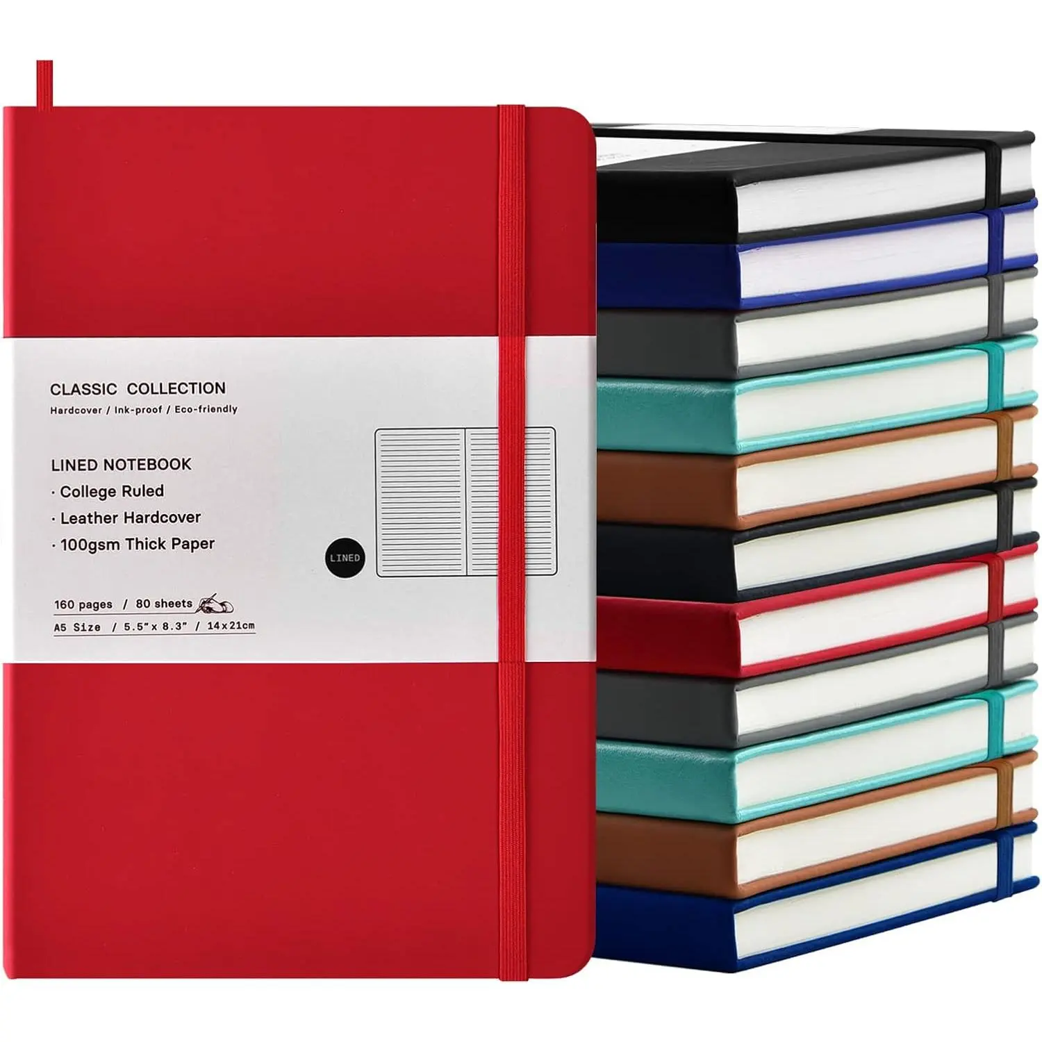 12 Pack A5 Faux Leather Hardcover Journals, Study & Durable Lined Notebooks with 160 Pages 100GSM Thick Paper, 8.3x5.5in for Office Work Men/Women (Multicolor)