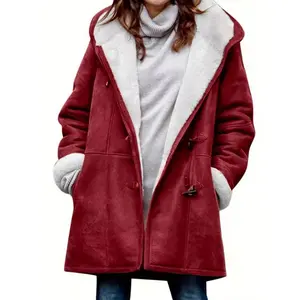 Oversized women's oversized winter coat with plush collar and hooded design - thick and warm full-length button front, soft plush lining, long sleeved winter jacket with pockets - casual and elegant outerwear - new collection for autumn and winter 2025