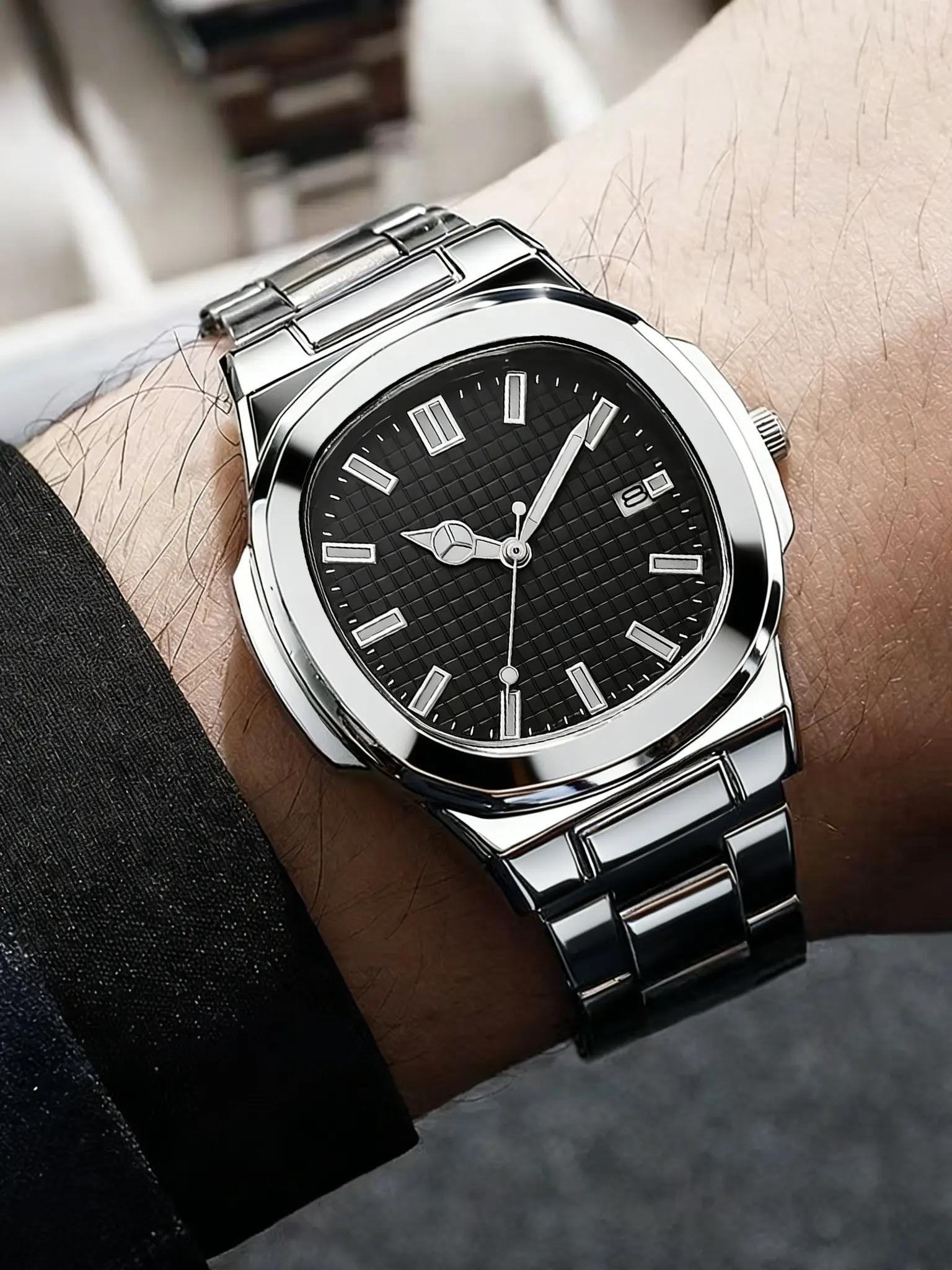 Men's Business Quartz Analog Watch with Steel Stainless Steel Strap, Stainless Steel Band, Calendar Function, Square Face, Square Dial, Rivet Decor, Rivet Decoration, Daily Wear, Party Gift, Quartz Analog Wristwatch, Analog Quartz Watches