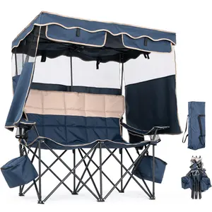 【mothersdaygift】Lilypelle XXXL Double Camping Chair with Shade Canopy, 2 Person Folding Beach Chair with Cup Holder Carrying Bag, Heavy Duty Steel Frame Collapsible Camp Chairs for Outdoor Garden Patio Lawn Sports