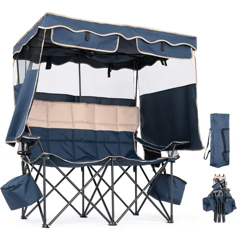 Lilypelle XXXL Foam-Padded Double Seat Foldable Folding Chair - Durable Heavy-Duty Steel Frame & Fabric, Shade Canopy, Cup Holder, Carrying Bag, Fits 2 People, Outdoor Camping Equipment for Garden Party, Patio, Beach Chairs