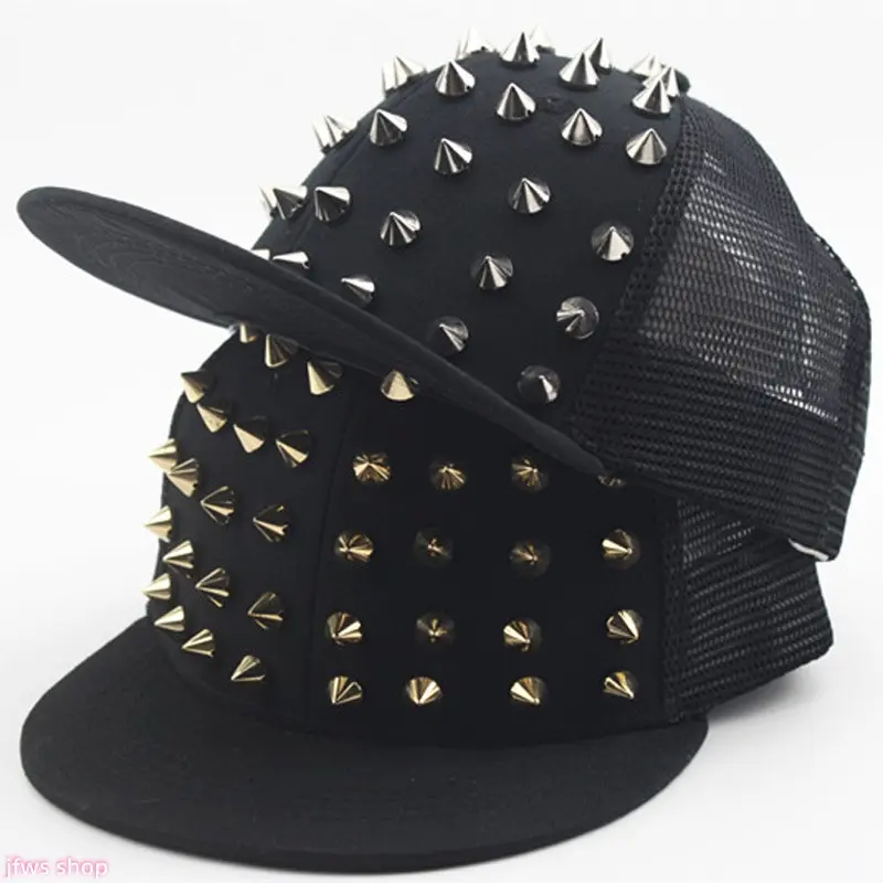 Unisex Baseball Cap with Hip Hop Flat Brim & Stud Pattern, Adjustable Mesh Snapback Sun Shield for Outdoor Activities, Kids, Sun Protection, Hip Hop Style, Stud Detail homedecor, Unisex Design