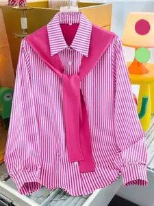Women's Striped Print Tie Front Shirt Blouse, Casual Long Sleeve Collared Top for Spring & Fall, Women's Clothing for Daily Wear