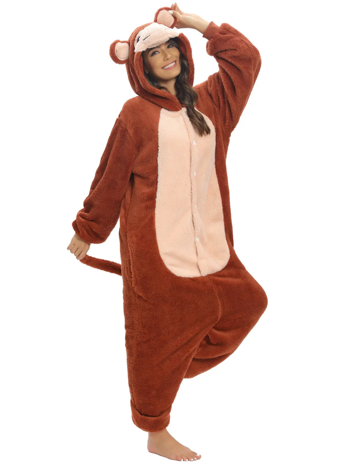 Women's Soft Loose-Fit Plush Polyester Cute Animal Print Onesie - Long-Sleeve Hooded Button-Front Fleece, Cartoon Character Costume with Animal Ears, Halloween Costume Loungewear Sleepwear, Monkey Halloween Costume