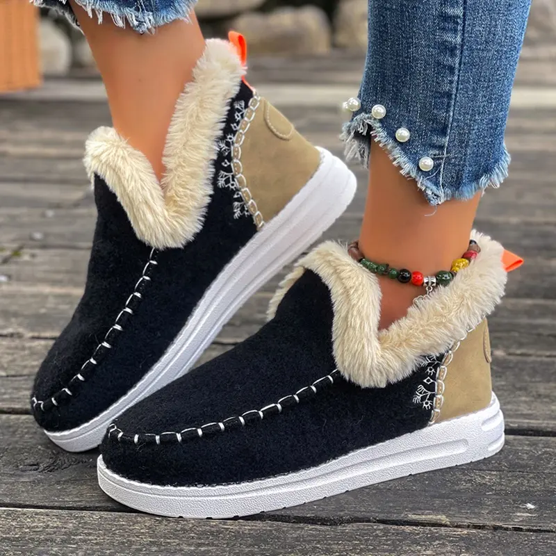 Women's Fashion Booties - Slip-On, Faux Fur Lined, Waterproof, Ankle Height, Rubber Soft Sole, Anti-Slip Low Wedge, Casual Round Toe, Warm Outdoor Fall Winter Rainy Day Shoes, Black, Pvc, Shock Resistant