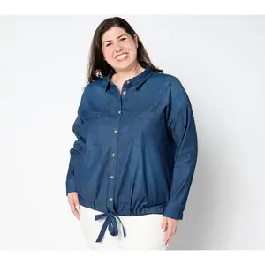 Belle by Kim Gravel Stretch Denim Tie Front Blouse