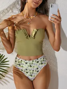 Rosegalette 2026 swimsuits 2 piece high waisted bikini sets Ribbed V Wired Floral Print Bandeau Tankini suit Swimwear,bathing suit 2026 women, tankini for women vacation swimwear for women, Bandeau Tops, High Waist Cheeky