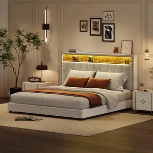 King Bed Frame with Button Headboard, Upholstered Bed Frame with LED Light and Charging Station, Wood Slat, Easy Assembly, No Box Spring Needed