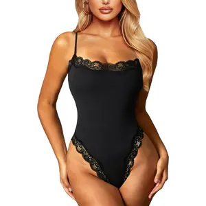 Women Sexy Lace Bodysuit Lace Trim High Cut Thong Spaghetti Strap Cami Bodysuit Going Out Tank Tops Body Suit