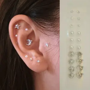 LuluPop Ear Seeds Jewelry Moon Star Set – Silver Acupressure Non Piercing Earrings with Pearls，Ear Seeding Patches clip-on earrings, ear seed patches Ear Seed Earrings