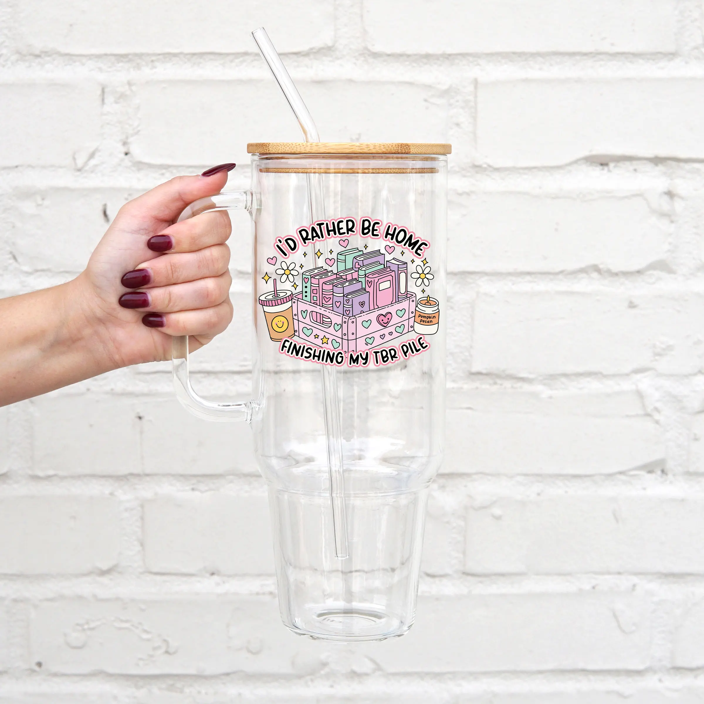 I'd Rather Be Home Reading 40oz Glass Tumbler with Lid and Straw, Iced Coffee Drinkware, Gift for Her, Acrylic Tumbler, water bottle for women, book lover gifts, Bottled, Mug, Insulated