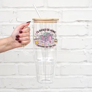 Sip-Sip Hooray! I’d Rather Be Home Reading Glass Tumbler – Book Lover Cup with Handle, Lid & Plastic and Glass Straws, BookTok Gift for Readers, Aesthetic Drinkware Mug Water Bottles Portable Washable Reusable