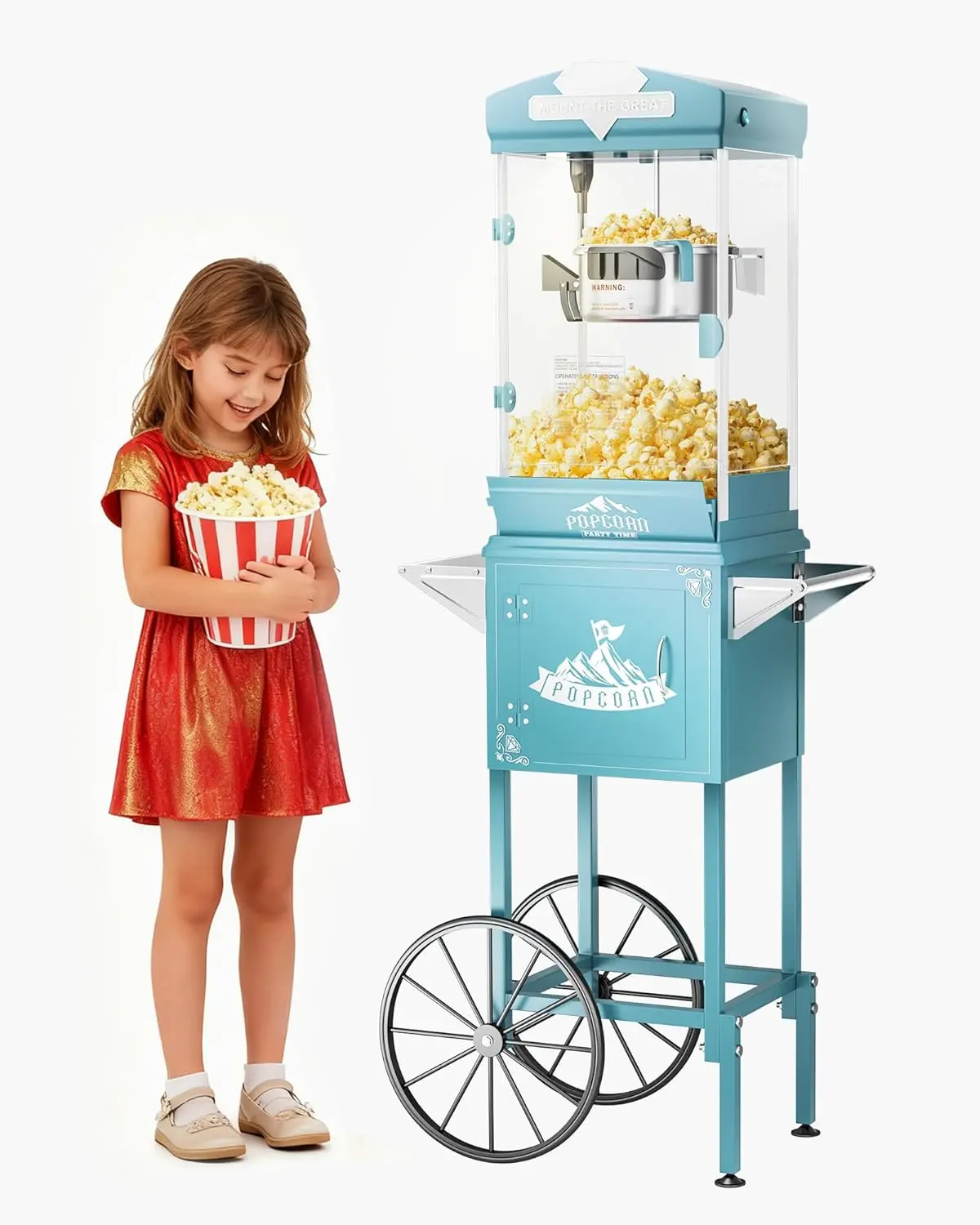 10 oz Popcorn Machine Cart, Popcorn Maker Machine with Wheel & Stainless-Steel Kettle Makes Up to 40 Cups, Vintage Movie Theater Style Pop Corn Machine, Cyan