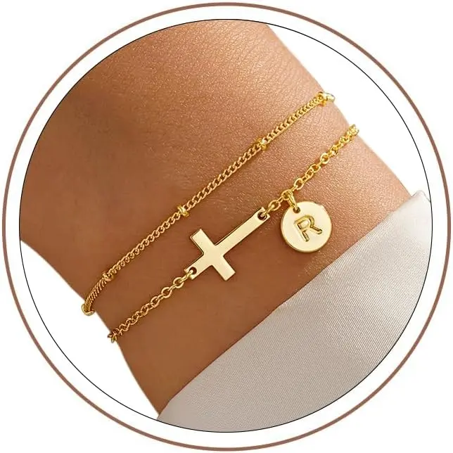 Turandoss Women's 14 Gold-Plated Adjustable Initial Cross Bracelet - Dainty Layered Disc Letter Design, Gold Bracelets for Teen Girls, Easter Day, Girlfriend Birthday Gift, Baptism Christian Confirmation Gift