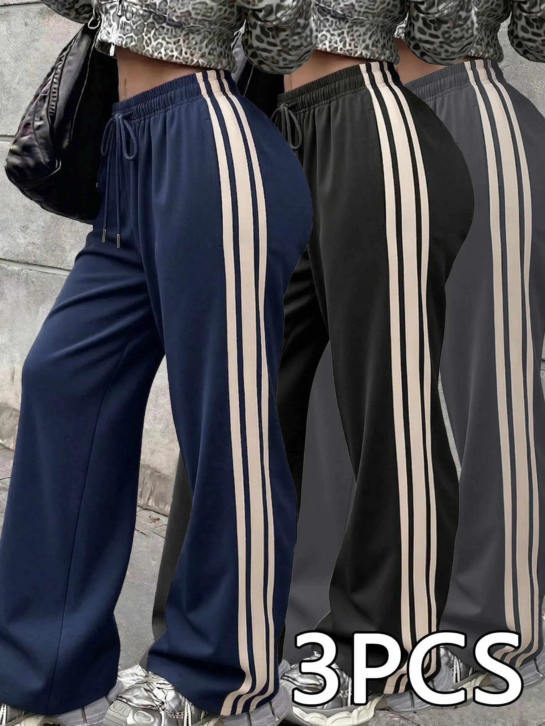 3-pack women’s casual long pants: loose striped wide-leg pants with high stretch and a high waist, straight-leg athletic style, suitable for summer and autumn. All Seasons Trousers