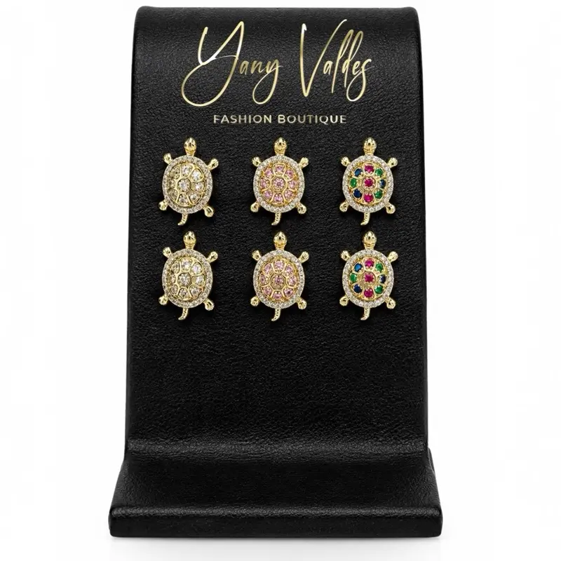 Gold Tone Turtle Stud Earrings | Clear, Pink & Multicolor Crystal Shell | Medium Size
