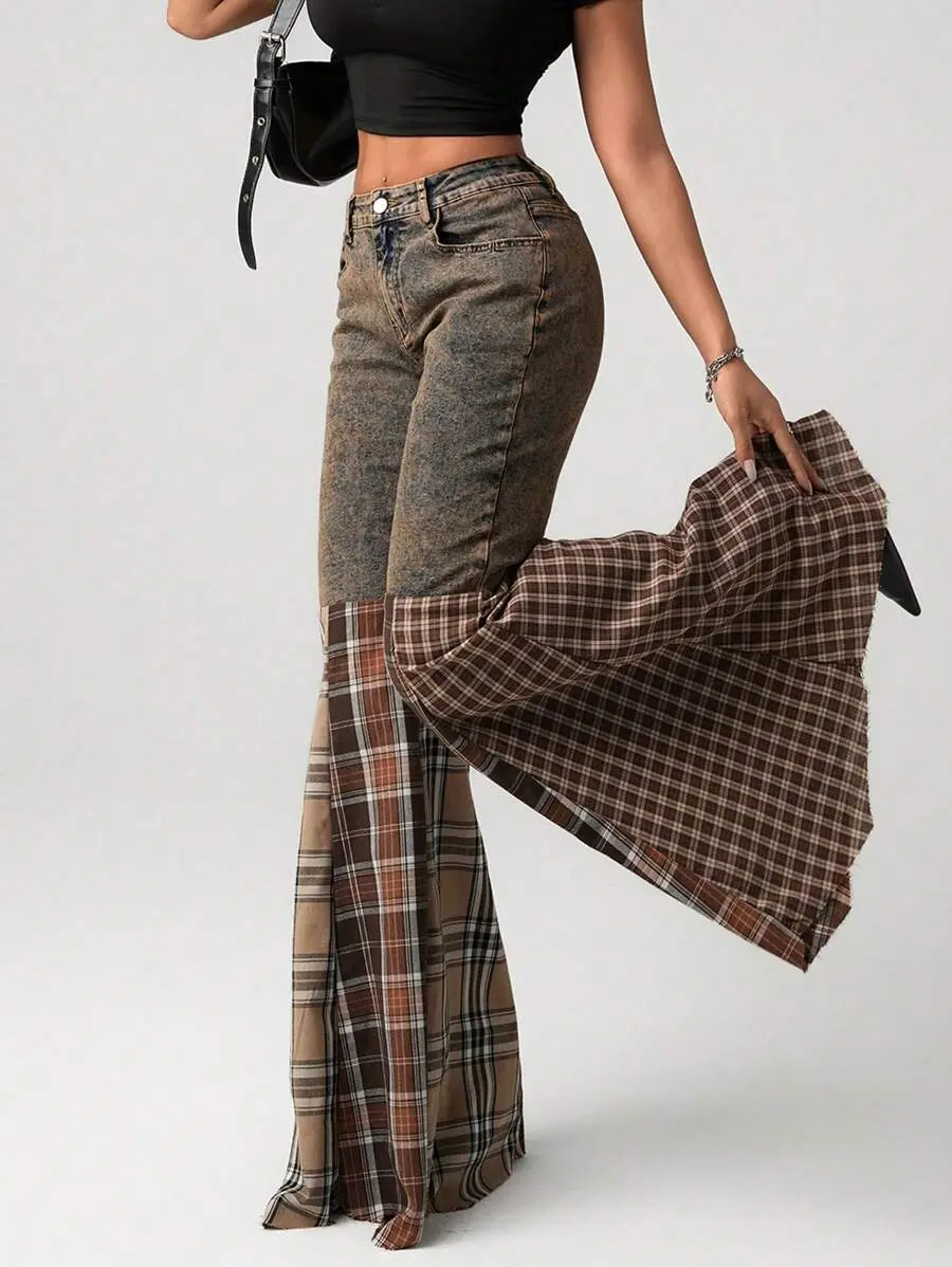 Women's Low Waist Color Block Plaid Washed Flare Jeans