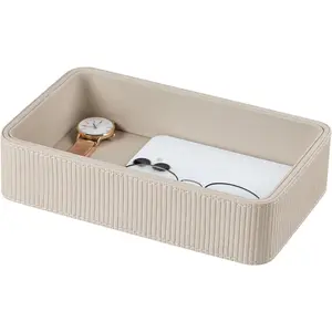PU Leather Valet Tray Organizer, Small Nightstand Organizer Bedside Desktop Storage for Womens and Men, Perfume Trinket Catchall Vanity Tray for Key Watch Wallet (Beige, Rectangular)