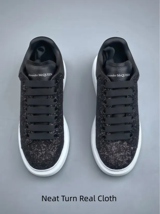 Black glitter platform casual sneaker with thick white sole. Sparkly upper design, comfy for daily wear, dates and street styling.