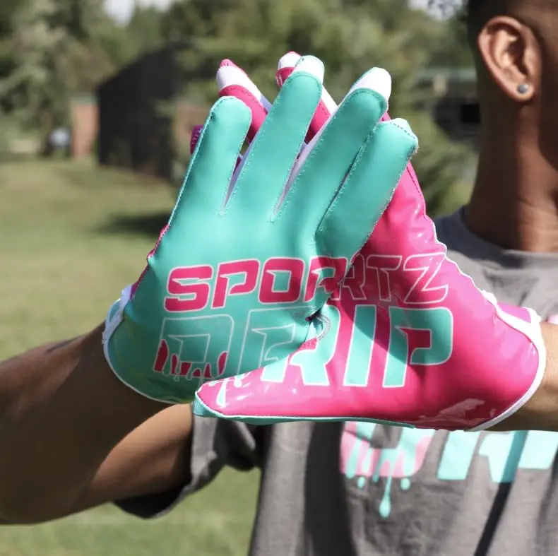 Sportiz Grip Football Receiver Gloves for Youth Athletes, Teal/Pink, Breathable Mesh, Adjustable Cuff, Sticky Grip Palm, Football Gloves