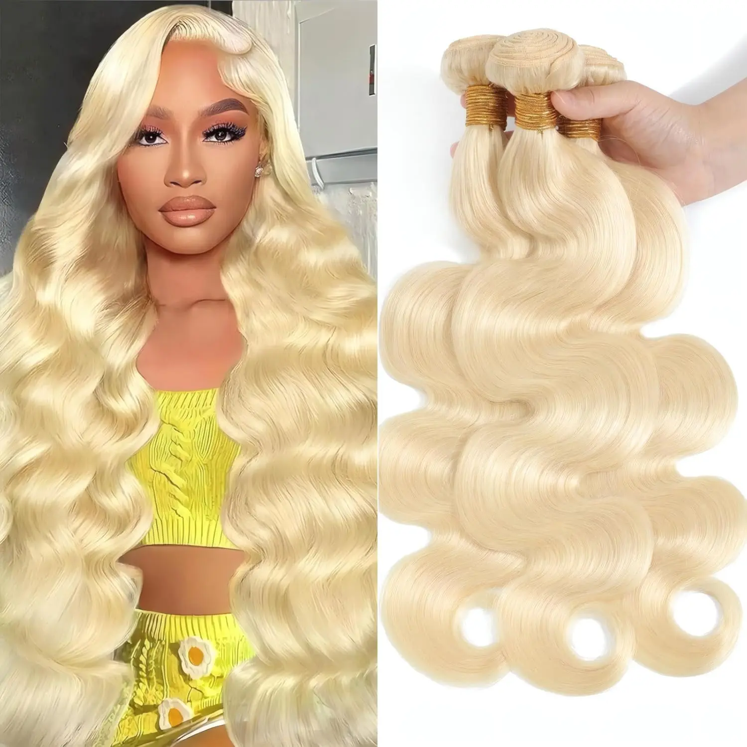 613 Blonde Body Wave 12A Bundle  Human Hair Extensions Quick Weave 3 Bundles 12-30 Inch Hair Extensions for Black Women 613 Bundles Human Hair One Pack Straight Hair Extensions