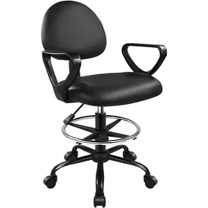KKTONER Black Drafting Chair with Footrest Swivel PU Leather Rolling Stool Chair with Wheels Height Adjustable Office Chair with Armrests Computer Desk Chair
