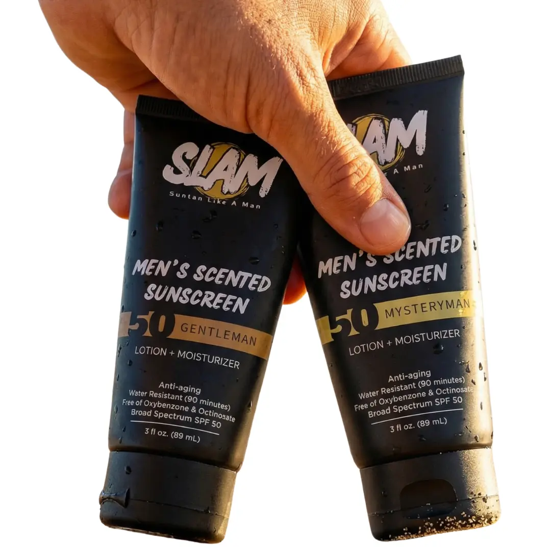SLAM Men's Luxury Hydrating Sunscreen Lotion - SPF 50, Lotion Texture, Light Glide, Gentleman & Mysteryman Scents + Fragrance-Free, Skin Repair, Anti-Aging, Normal Skin, Built for Beach, Job Site & Sports, Made in USA, Hydrating Moisturizer