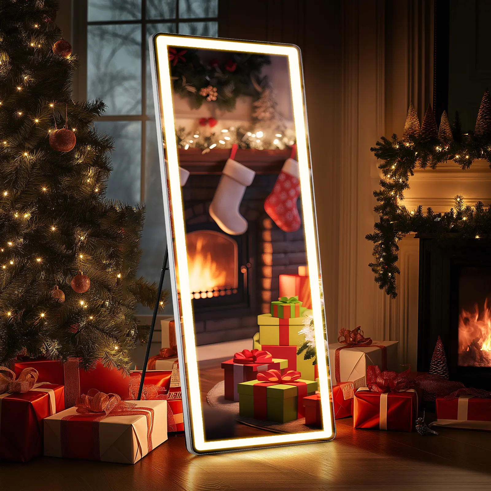 【Star Furniture】Full Length Floor Mirror with LED Lights Standing mirror, Dimmable 3-Color Lighting and Aluminum Frame for Bedroom, Dressing Room Decor