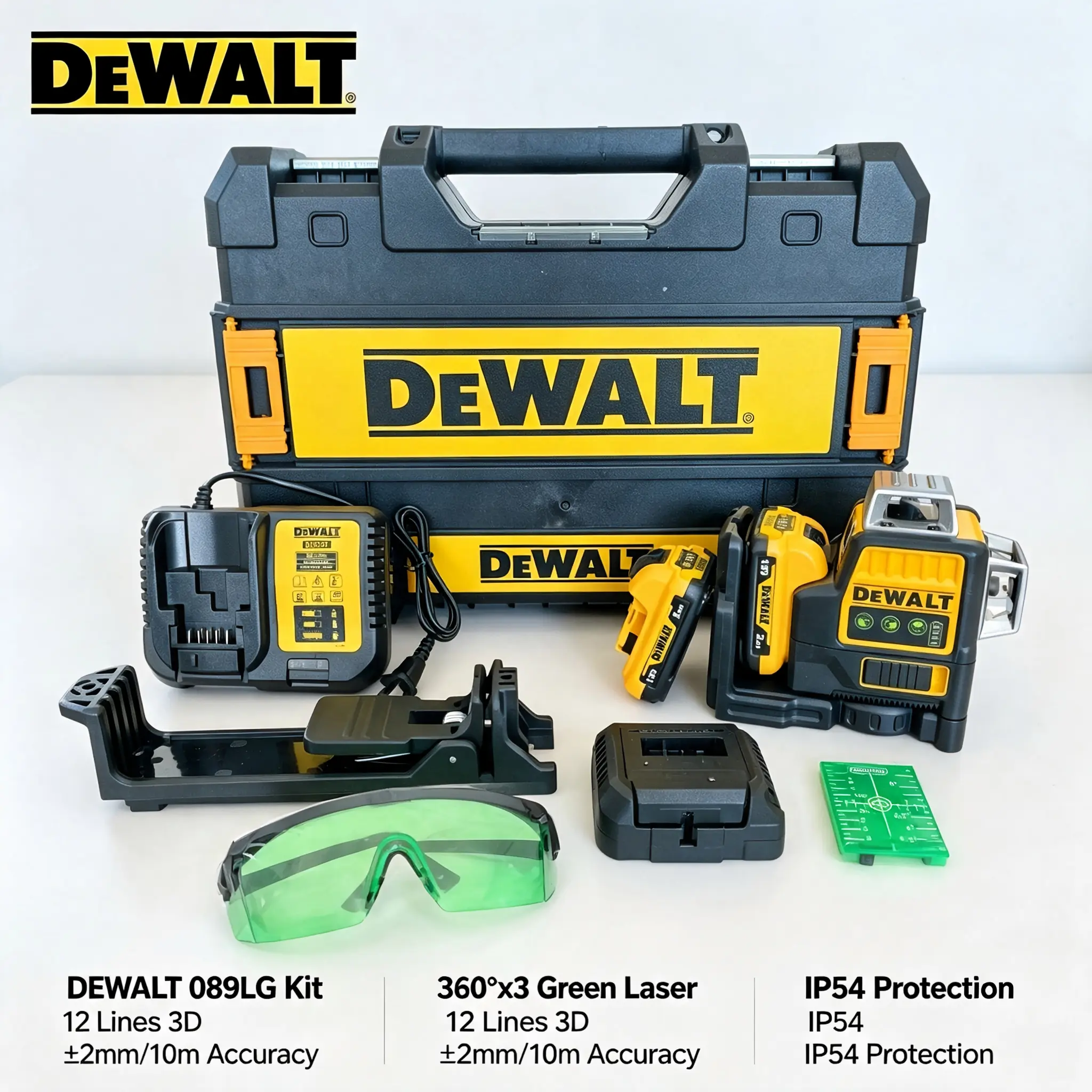DEWALT DW089LG Green Laser Level Complete Kit with Matching Accessories, Professional Layout Measuring Tool for Home Renovation, Tile Laying scoop wheel magnetic gear mechanical torque sublimation skirt storage puller Set Leveling Blades maint  home gym