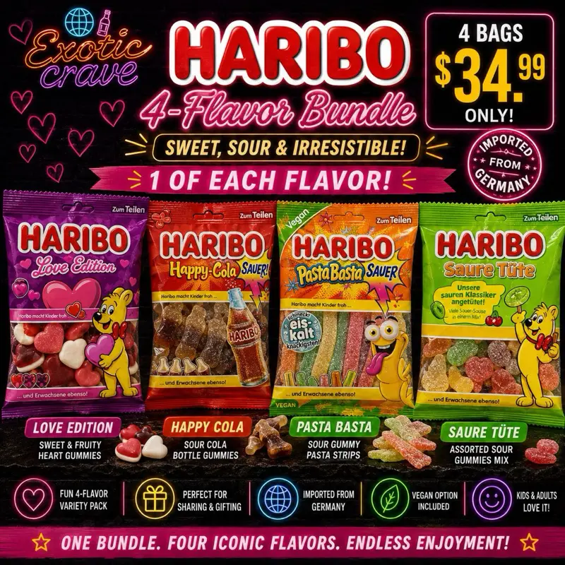 Haribo Germany Sour Candy 4-Flavor Bundle – Love Edition, Happy Cola, Pasta Basta & Saure Tüte