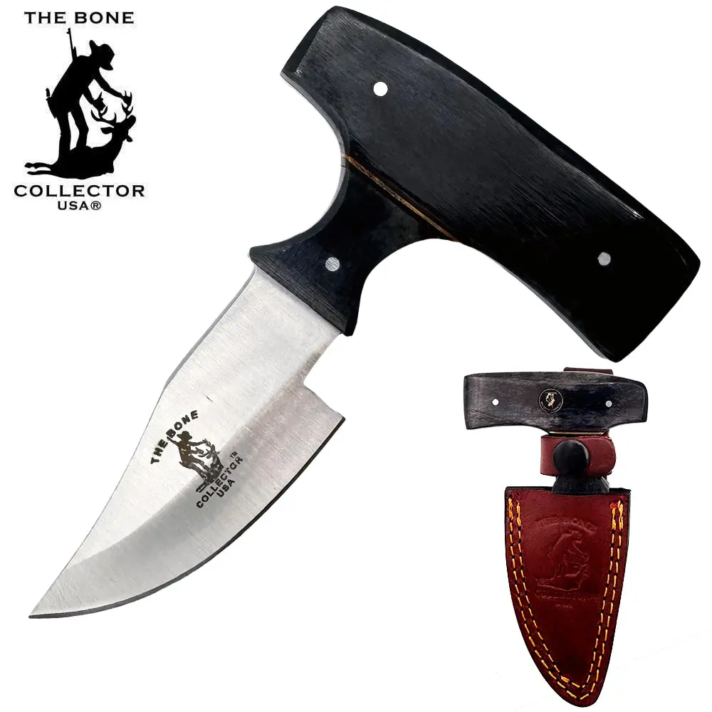 BC 872-BKBN Bone Collector Fixed Blade Survival Gear Knife - 5" Overall Clip Point Stainless Steel Short Skinning Blade, 2" Bovine Bone Grip T-Handle, Leather Sheath Safe, Premium for Field Use, Outdoors Supply