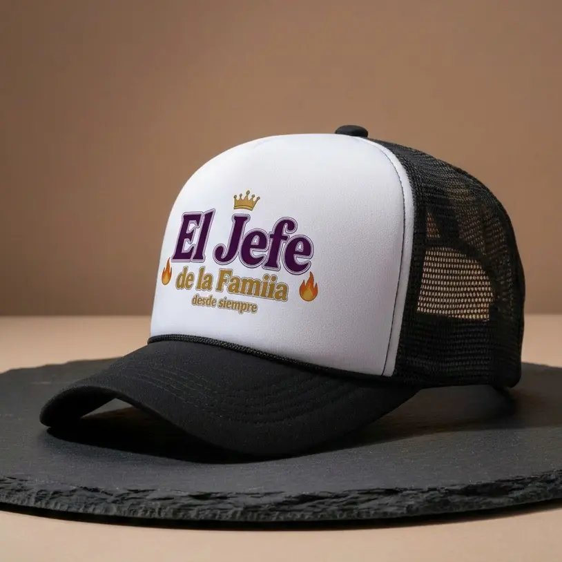 El Jefe de la Familia Trucker Hat, Unisex Funny Hat with Spanish Family Slogan, Adjustable Breathable Graphic Mesh Cap, Crown Icon, Uncles