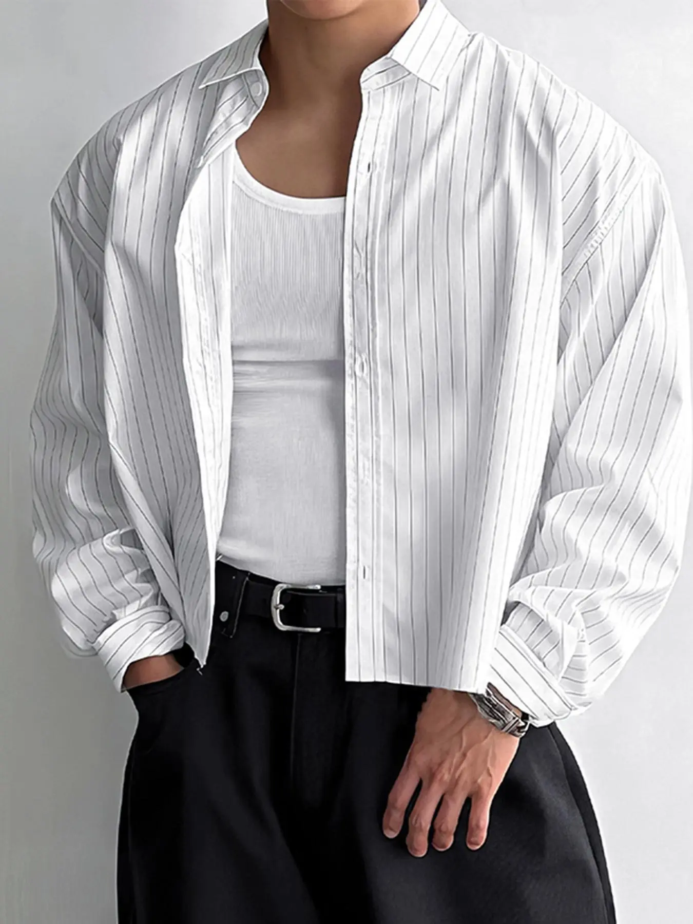 Men's Striped Print Long Sleeve Crop Shirt, Casual Striped Design, Casual Party Shirt, High Stretch Casual Comfy Button Front Neckline Collared Top for Daily Wear, Men's Clothes for All Seasons, Casual Summer Shirt, Vintage Clothing, Casual Button Shirts