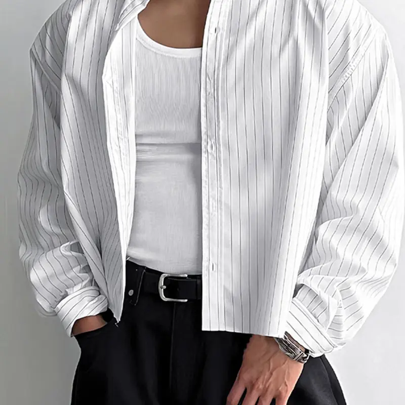 Men's Striped Print Long Sleeve Crop Shirt, Casual Striped Design, Casual Party Shirt, High Stretch Casual Comfy Button Front Neckline Collared Top for Daily Wear, Men's Clothes for All Seasons, Casual Summer Shirt, Vintage Clothing, Casual Button Shirts